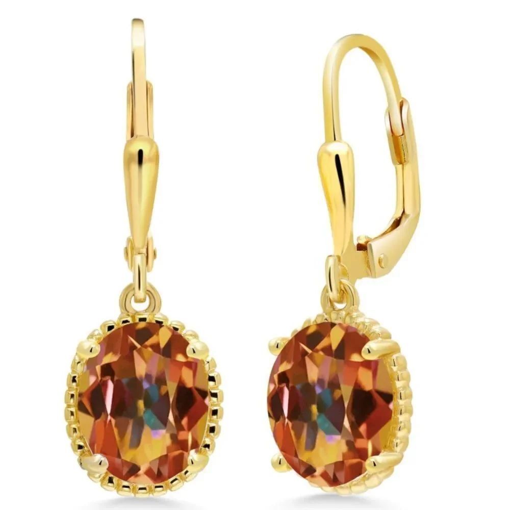 18K Yellow Gold 925 with4.00 Cttw Ecstasy Mystic Topaz Oval Leverback Earrings